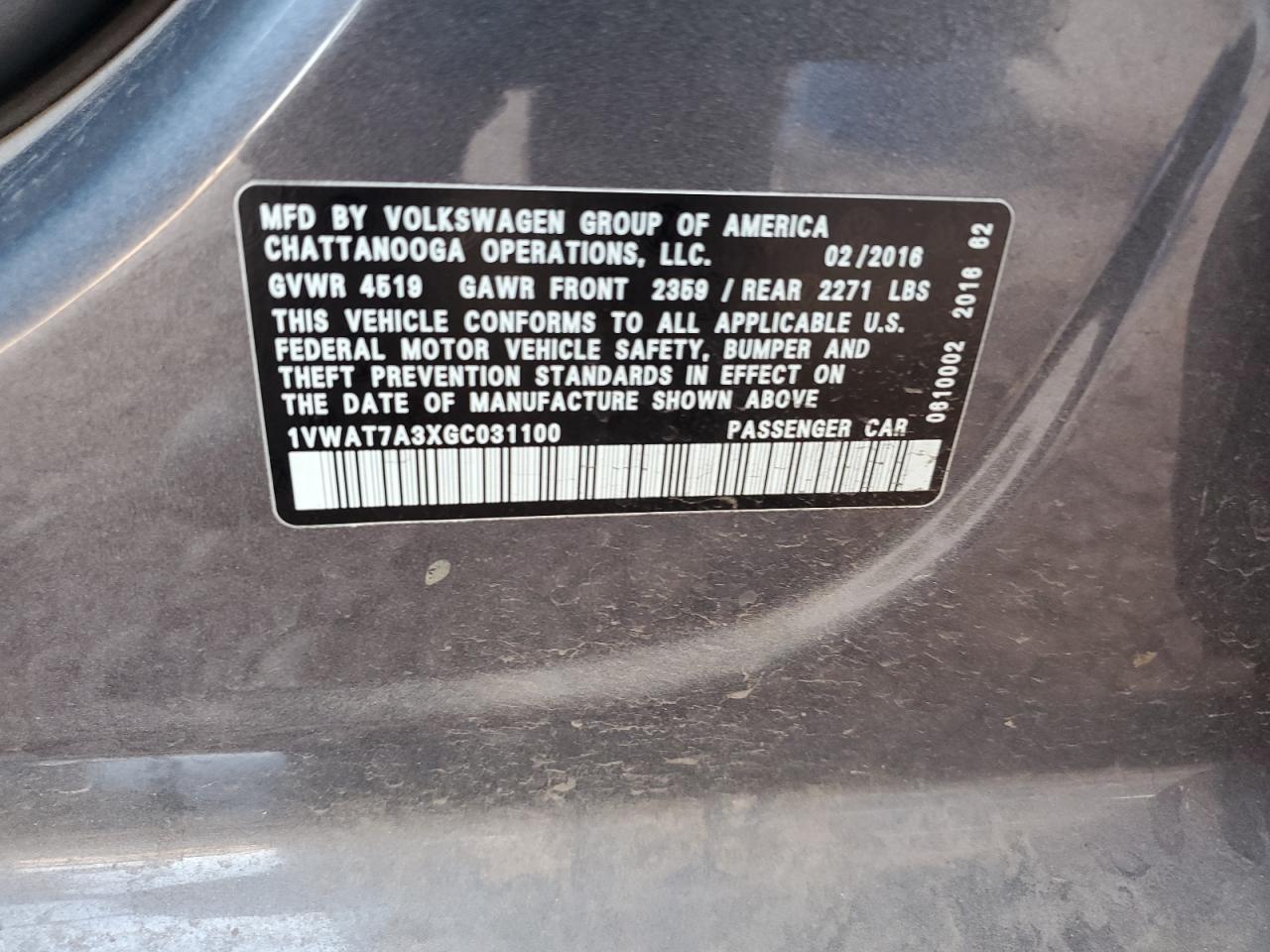 VOLKSWAGEN PASSAT 2016 VIN 1VWAT7A3XGC031100 zdjęcie 12