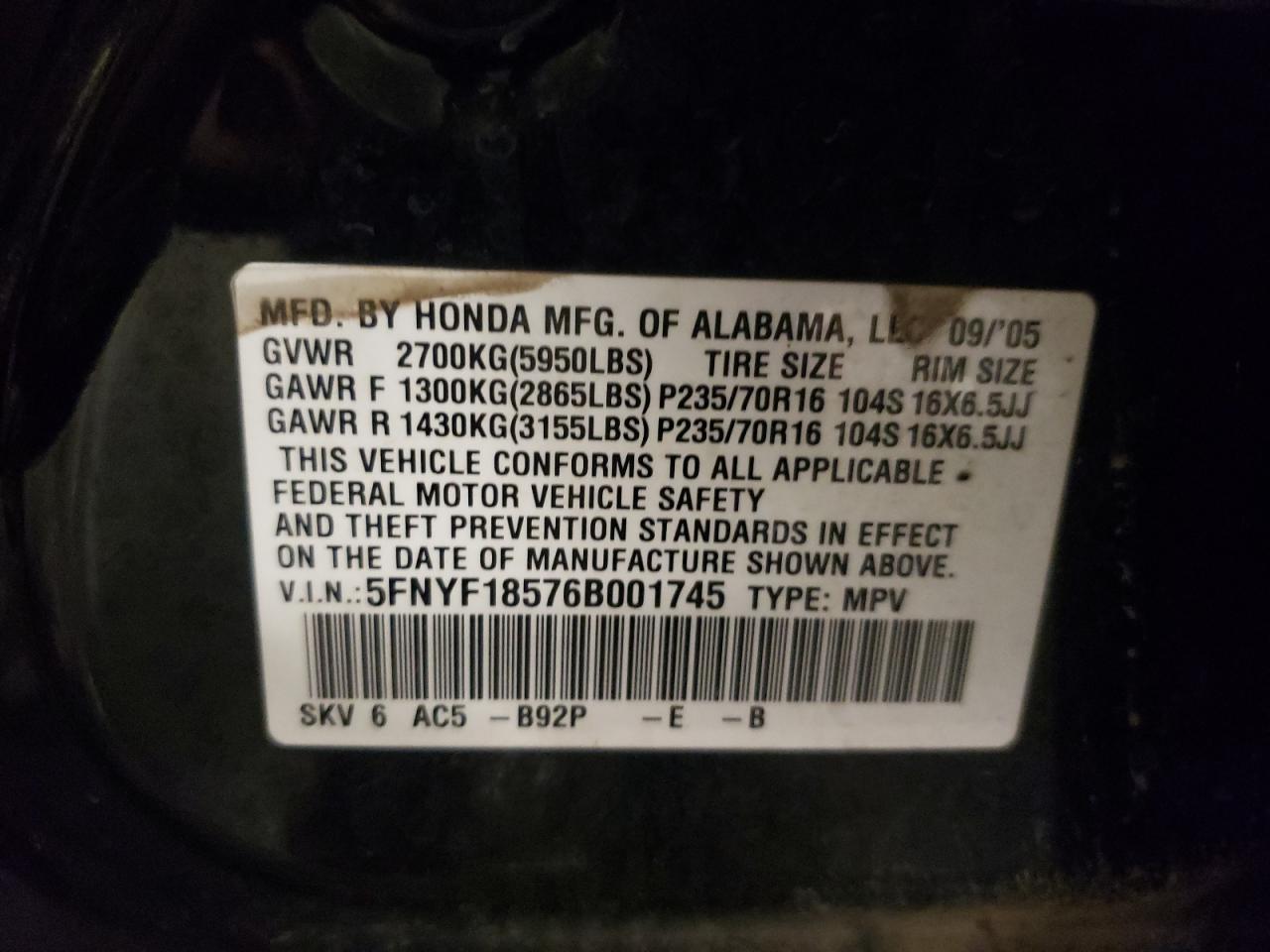 2006 Honda Pilot Ex VIN: 5FNYF18576B001745 Lot: 61878065
