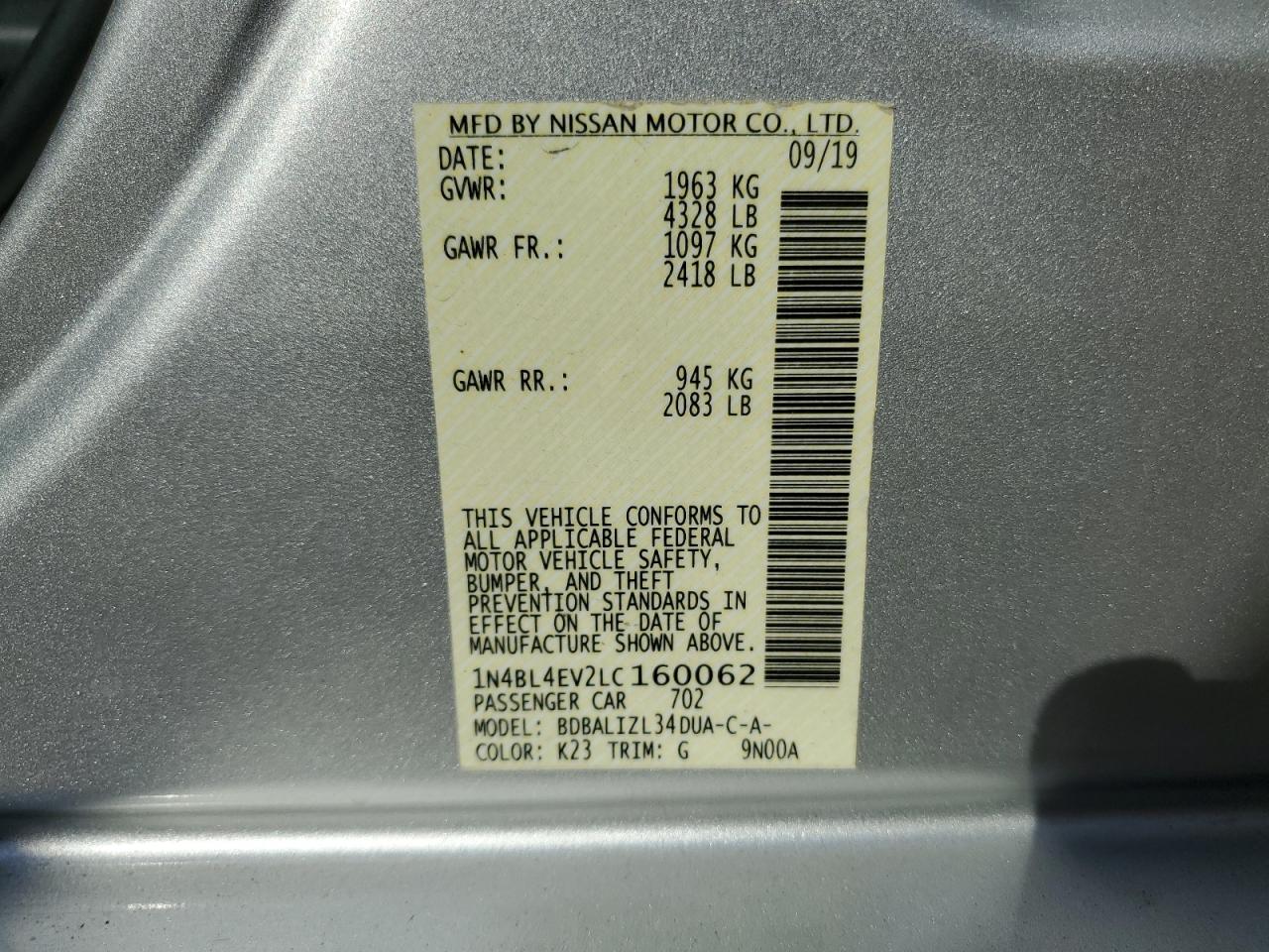 2020 Nissan Altima Sl VIN: 1N4BL4EV2LC160062 Lot: 62141085