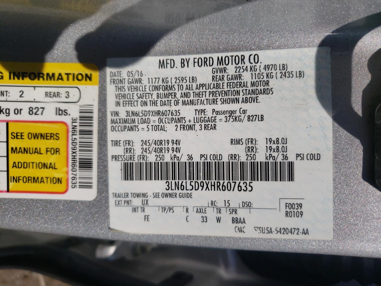 2017 Lincoln Mkz Select VIN: 3LN6L5D9XHR607635 Lot: 59422115