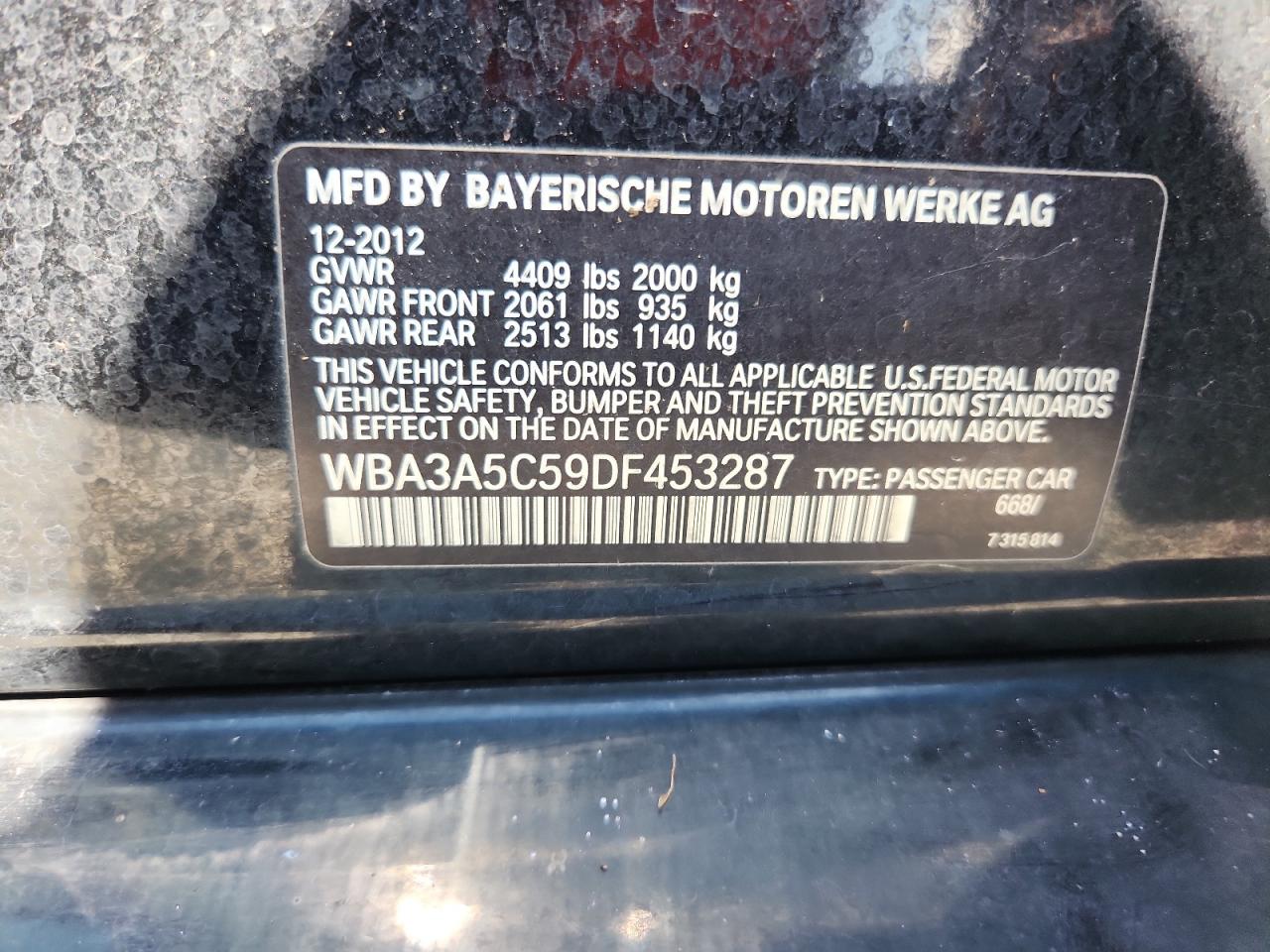 2013 BMW 328 I VIN: WBA3A5C59DF453287 Lot: 62814395