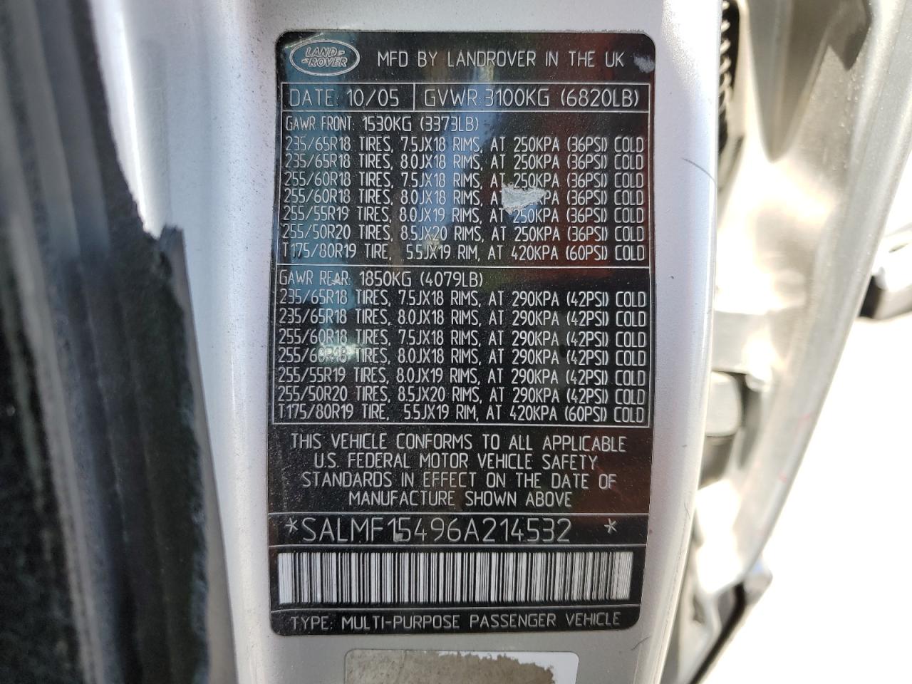 2006 Land Rover Range Rover Hse VIN: SALMF15496A214532 Lot: 60122945