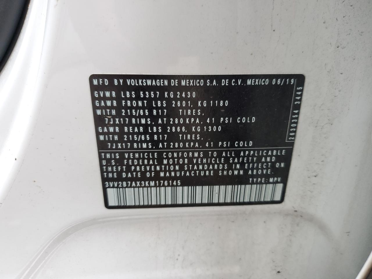 2019 Volkswagen Tiguan Se VIN: 3VV2B7AX3KM176145 Lot: 61015585