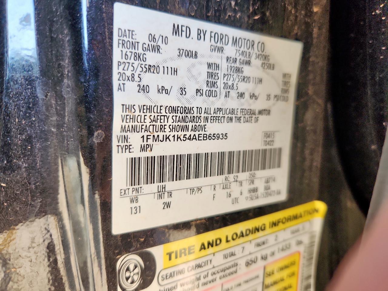 2010 Ford Expedition El Limited VIN: 1FMJK1K54AEB65935 Lot: 61644555