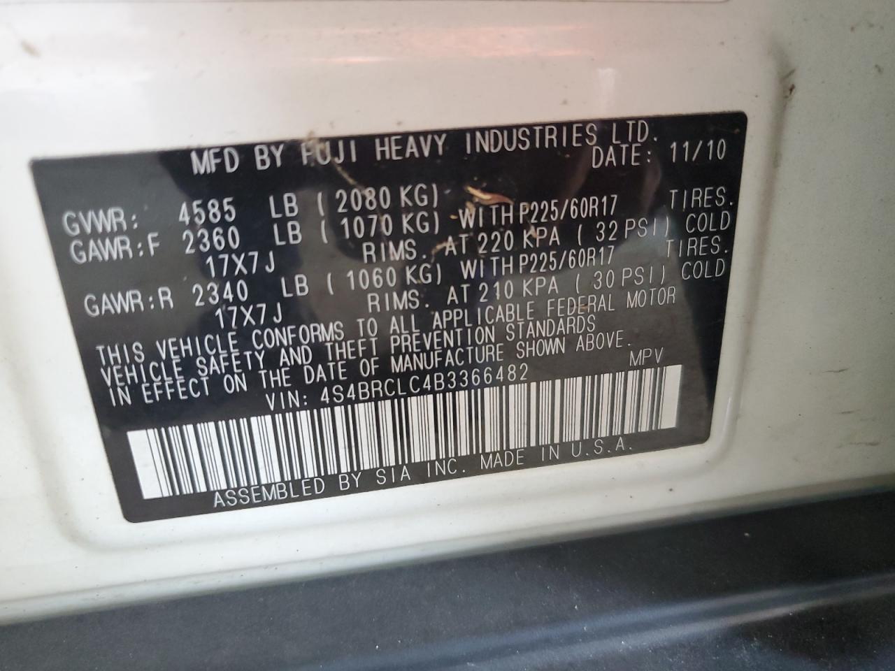 2011 Subaru Outback 2.5I Limited VIN: 4S4BRCLC4B3366482 Lot: 62739035