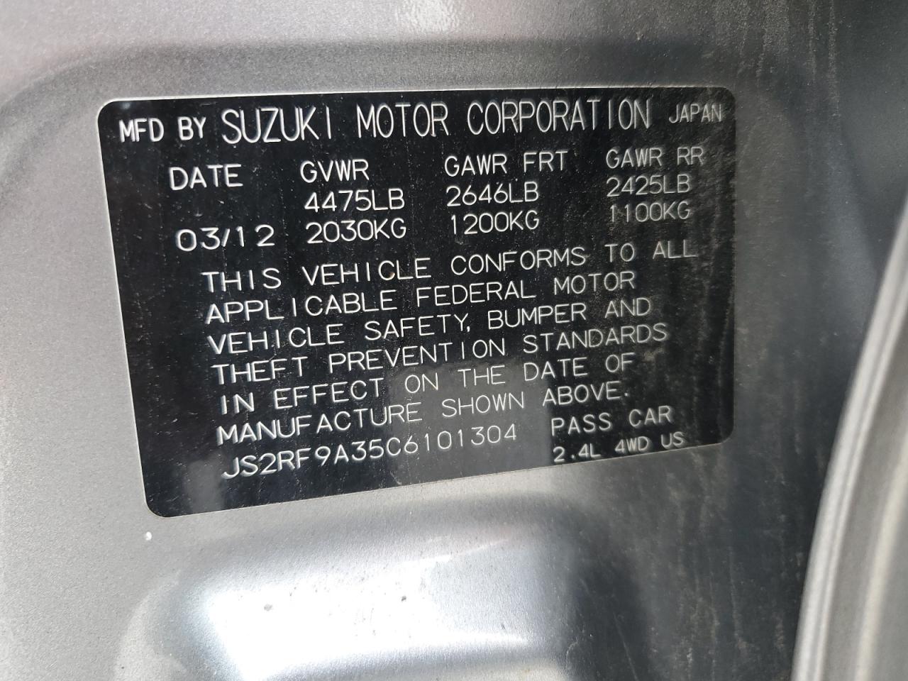 2012 Suzuki Kizashi Se VIN: JS2RF9A35C6101304 Lot: 60977375