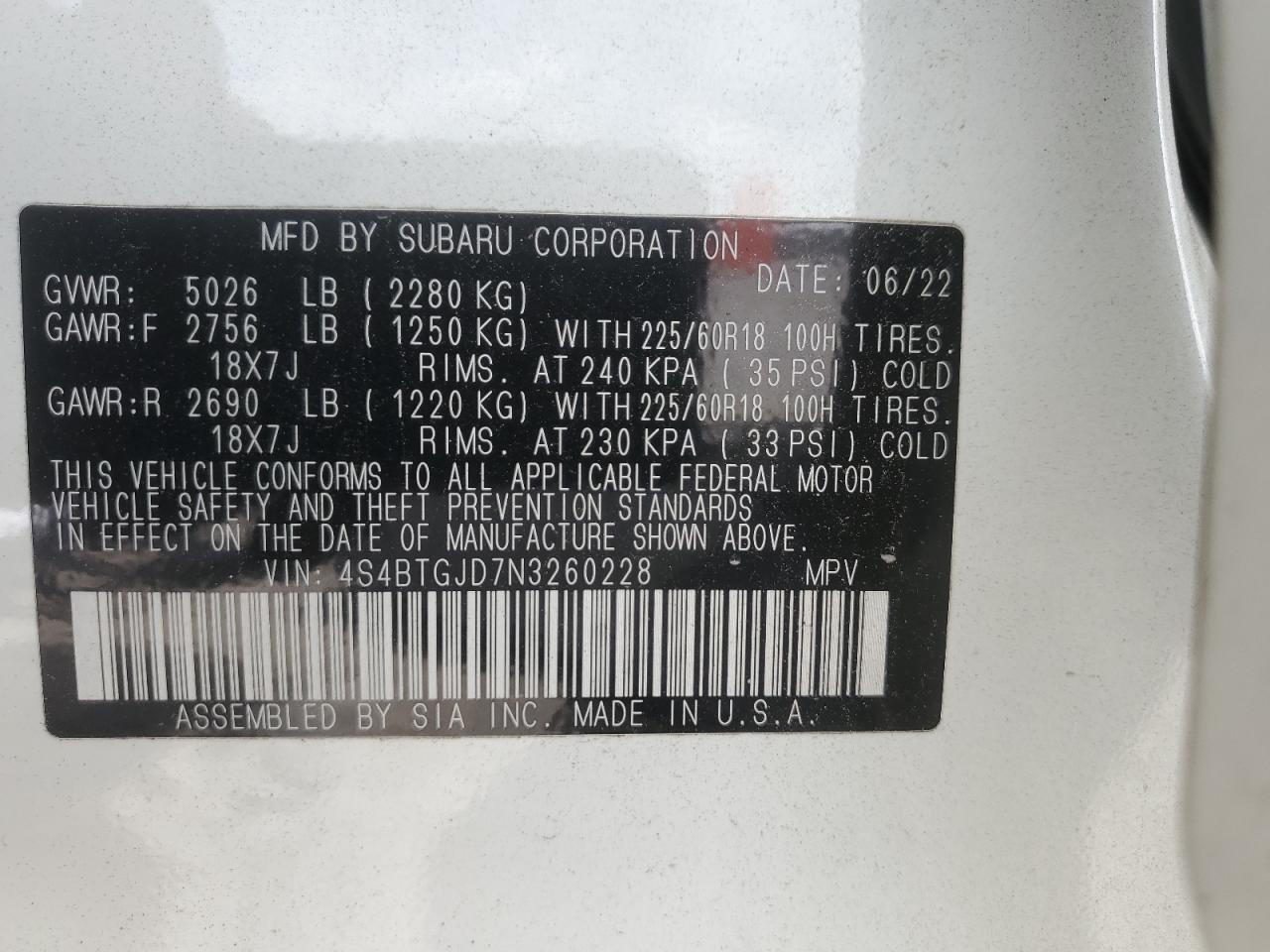 2022 Subaru Outback Onyx Edition Xt VIN: 4S4BTGJD7N3260228 Lot: 60437535
