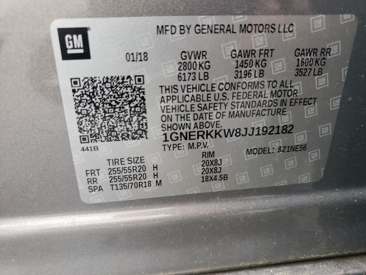 2018 Chevrolet Traverse Premier VIN: 1GNERKKW8JJ192182 Lot: 59684585