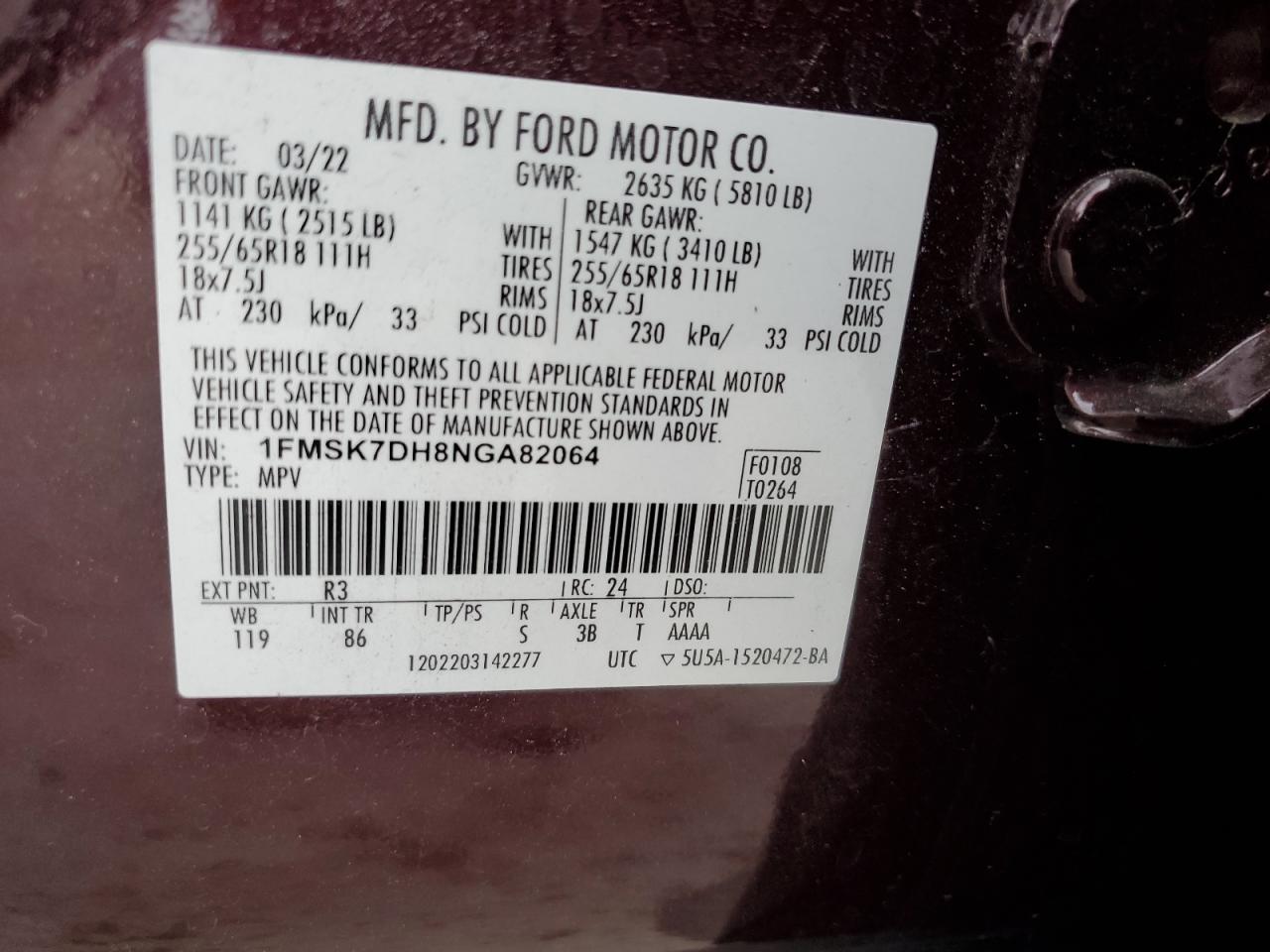 2022 Ford Explorer Xlt VIN: 1FMSK7DH8NGA82064 Lot: 62813425