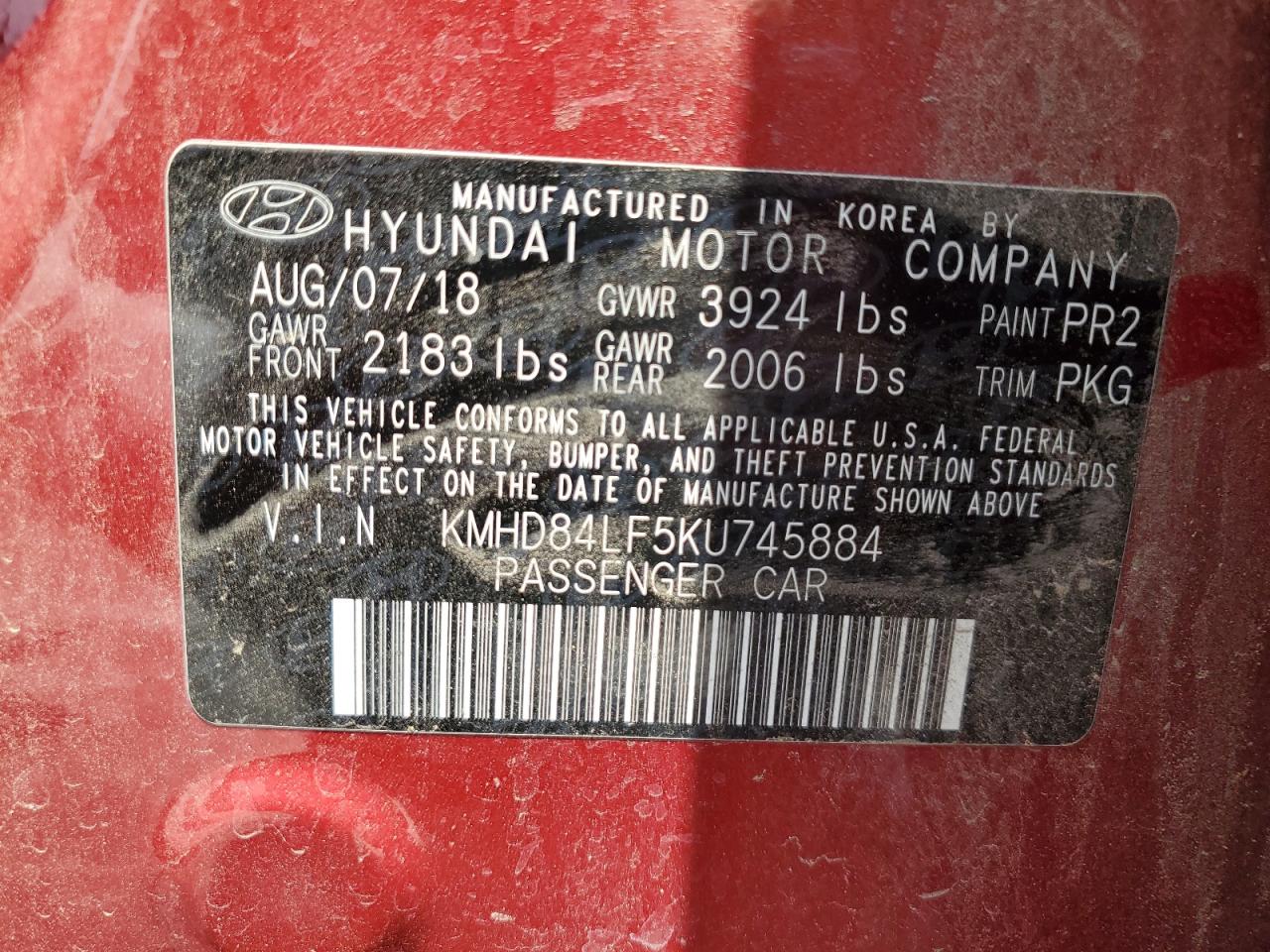2019 Hyundai Elantra Sel VIN: KMHD84LF5KU745884 Lot: 61827405