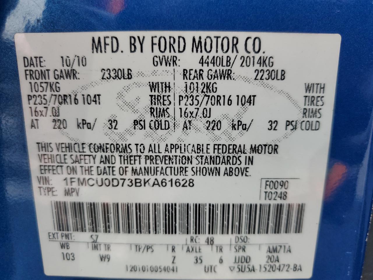 FORD ESCAPE 2011 VIN 1FMCU0D73BKA61628 фото 13