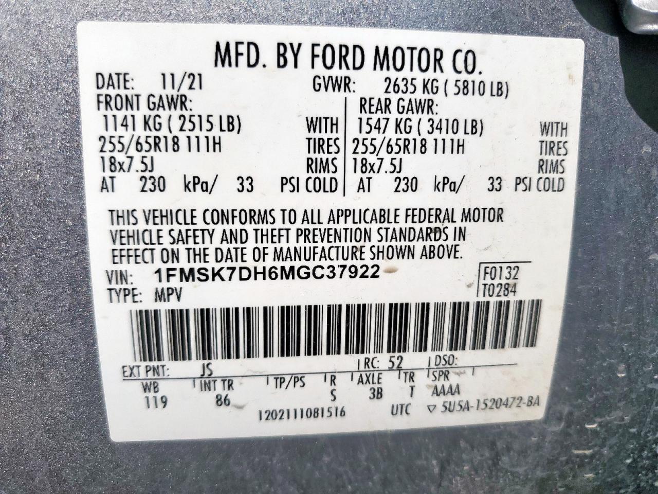 2021 Ford Explorer Xlt VIN: 1FMSK7DH6MGC37922 Lot: 61458345