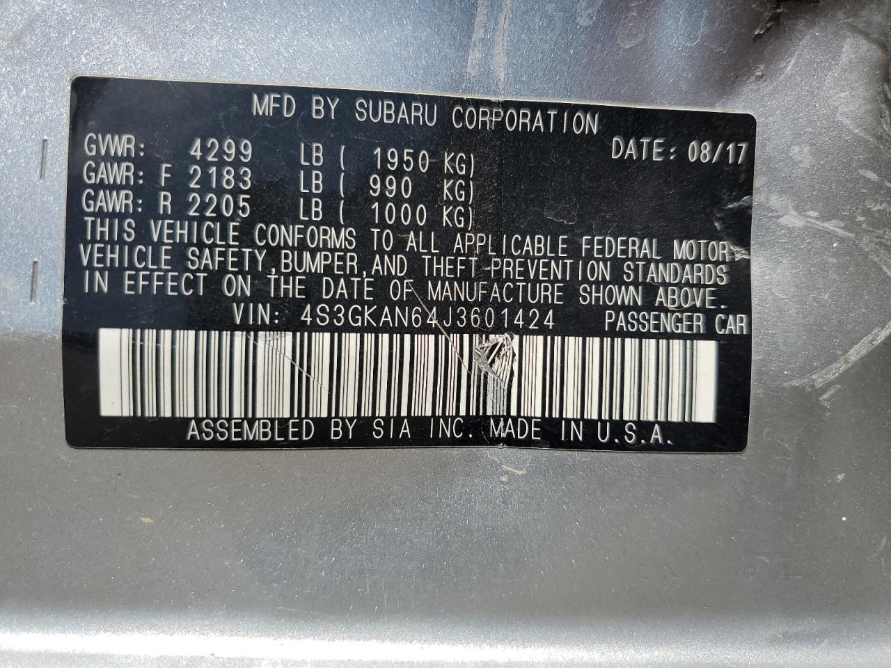 2018 Subaru Impreza Limited VIN: 4S3GKAN64J3601424 Lot: 61744445