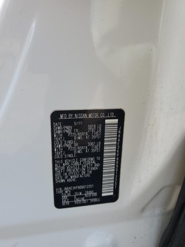 2011 Nissan Quest S VIN: JN8AE2KP8B9012251 Lot: 62587625