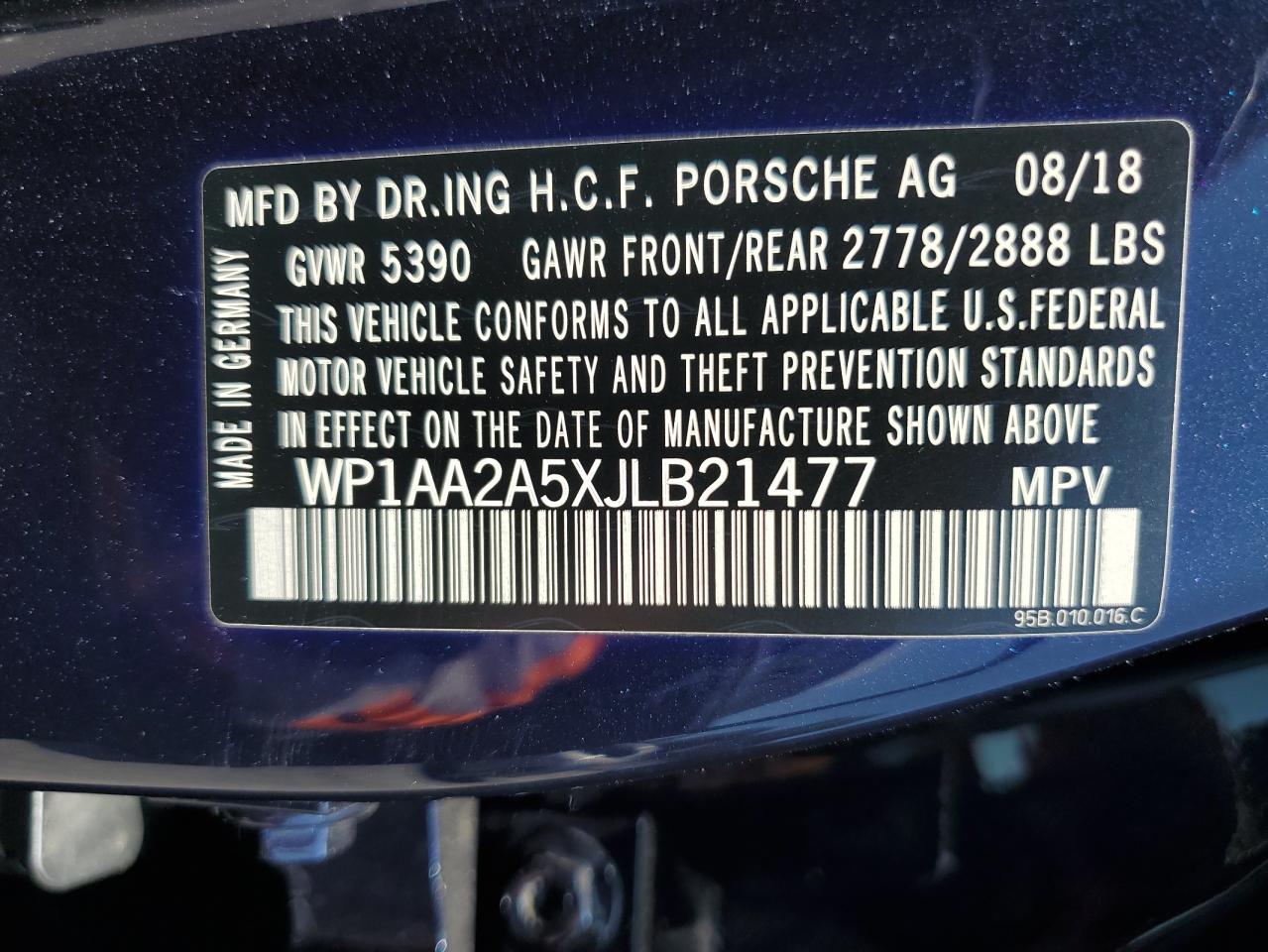 2018 Porsche Macan VIN: WP1AA2A5XJLB21477 Lot: 61071085
