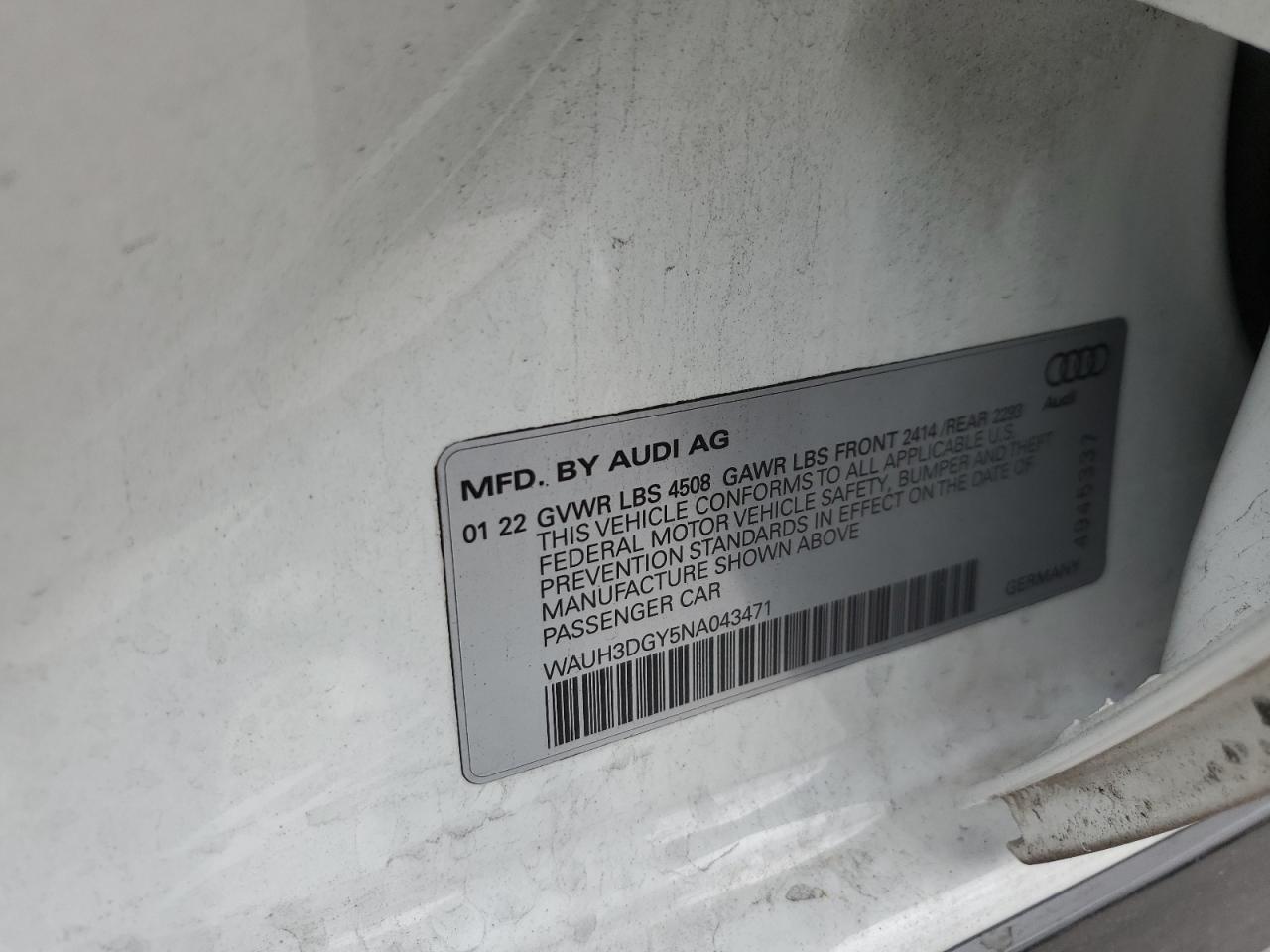 2022 Audi S3 Premium Plus VIN: WAUH3DGY5NA043471 Lot: 61458105