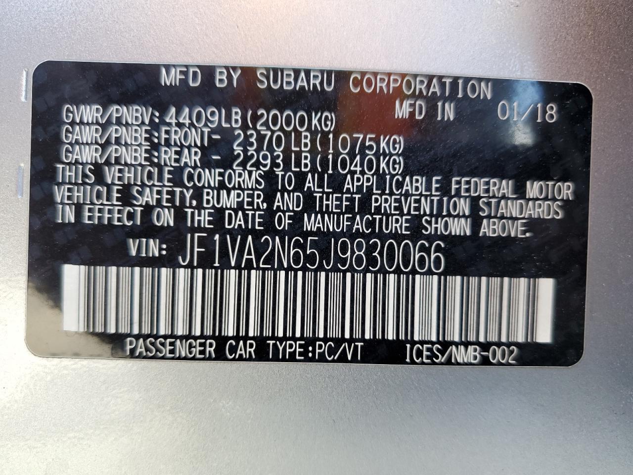 2018 Subaru Wrx Sti VIN: JF1VA2N65J9830066 Lot: 62748865