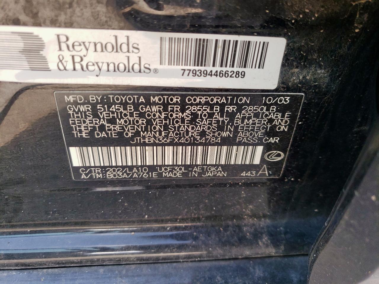 2004 Lexus Ls 430 VIN: JTHBN36FX40134784 Lot: 61479555
