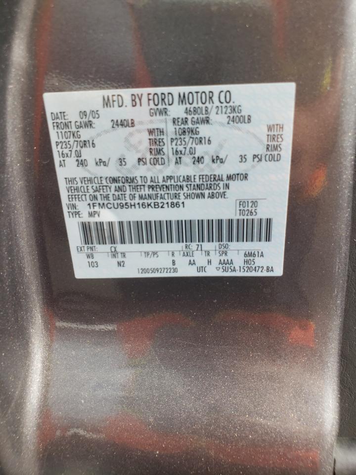 2006 Ford Escape Hev VIN: 1FMCU95H16KB21861 Lot: 61452165