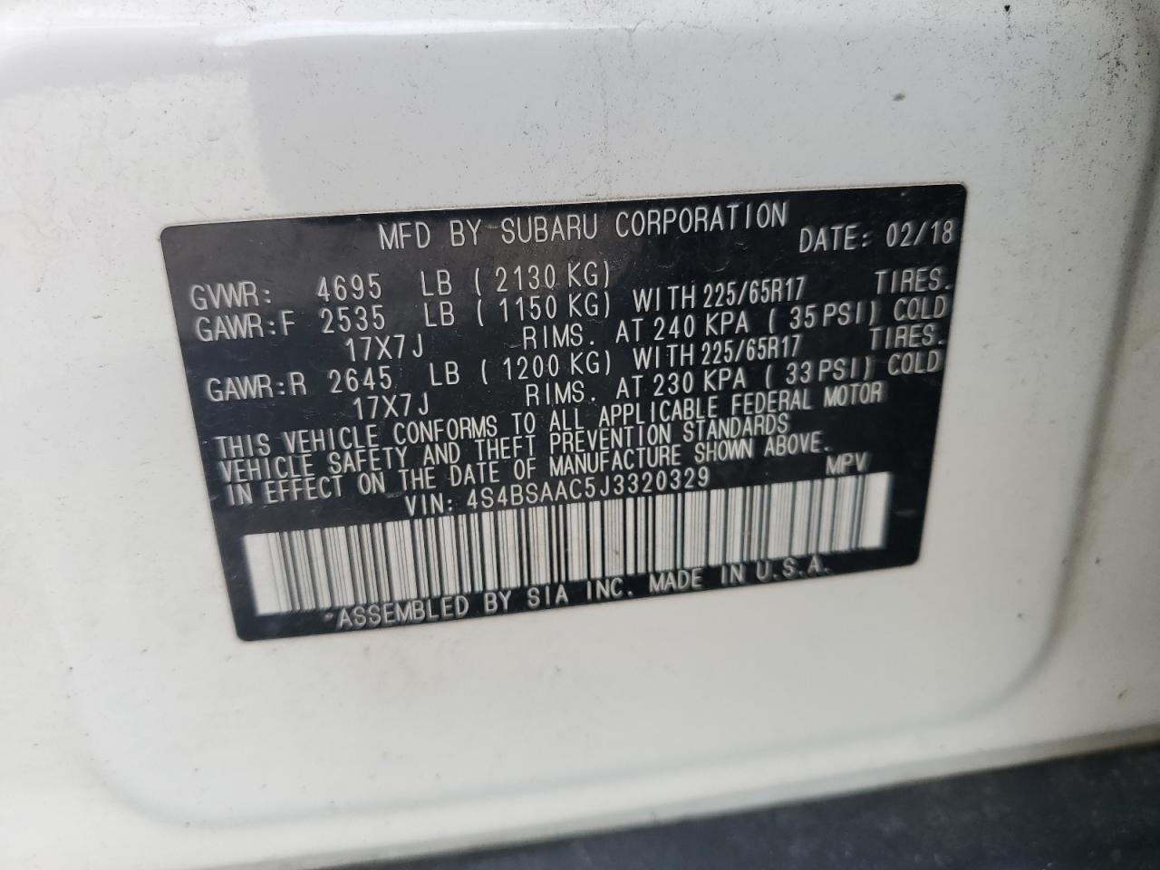 2018 Subaru Outback 2.5I VIN: 4S4BSAAC5J3320329 Lot: 60101095