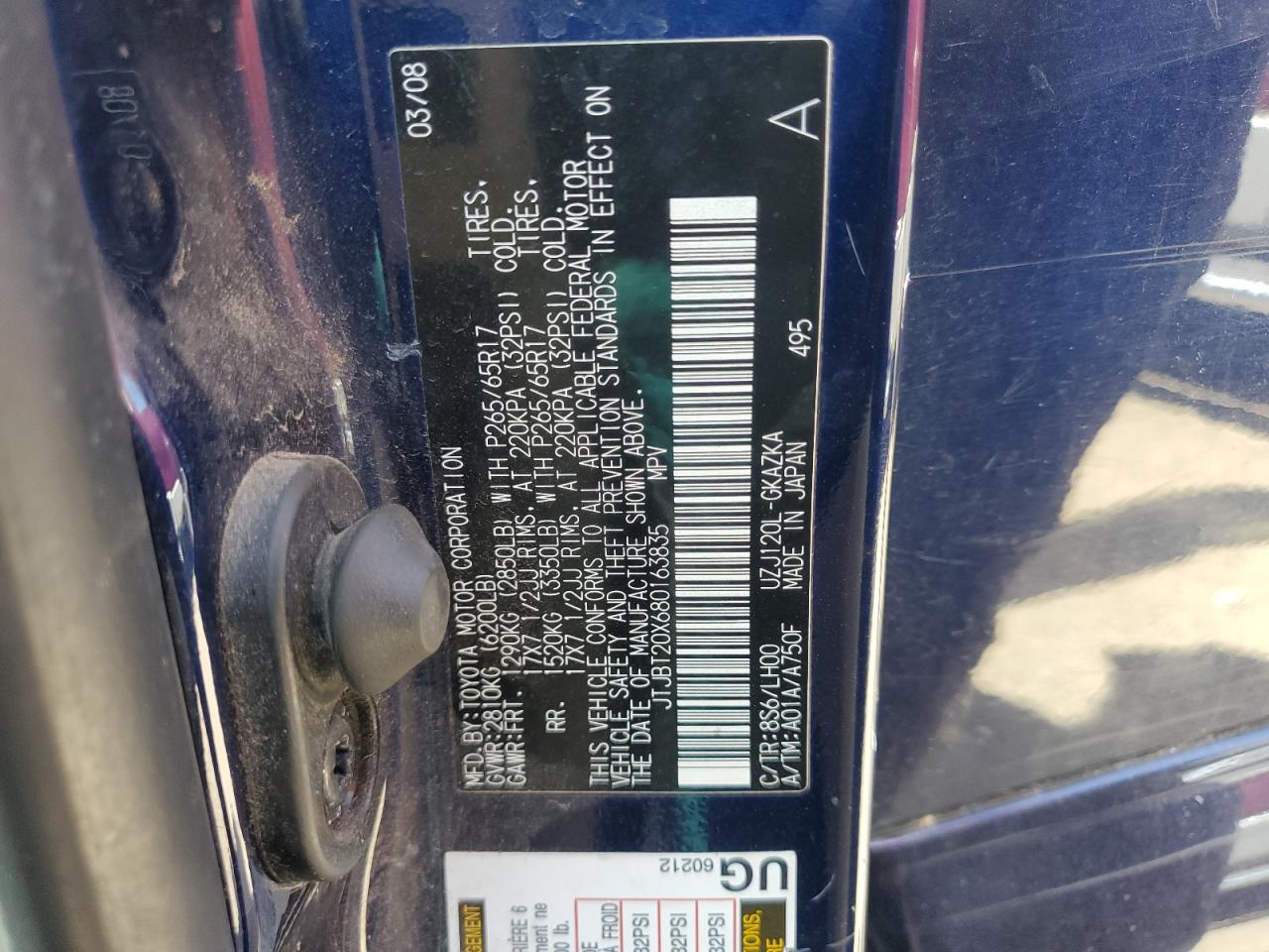 2008 Lexus Gx 470 VIN: JTJBT20X680163835 Lot: 61689755