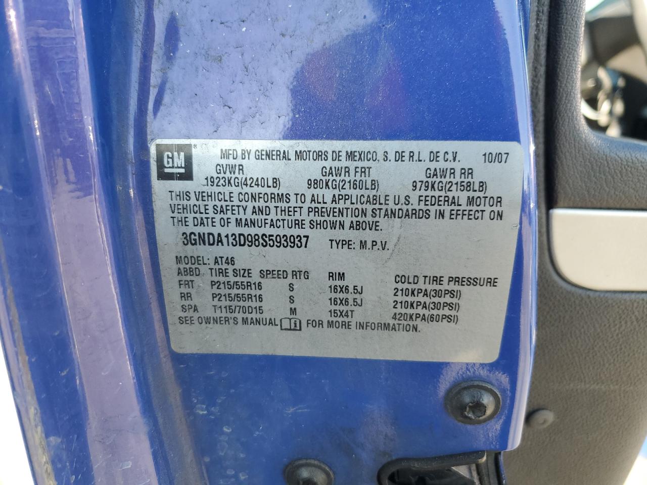 CHEVROLET HHR 2008 VIN 3GNDA13D98S593937 zdjęcie 13