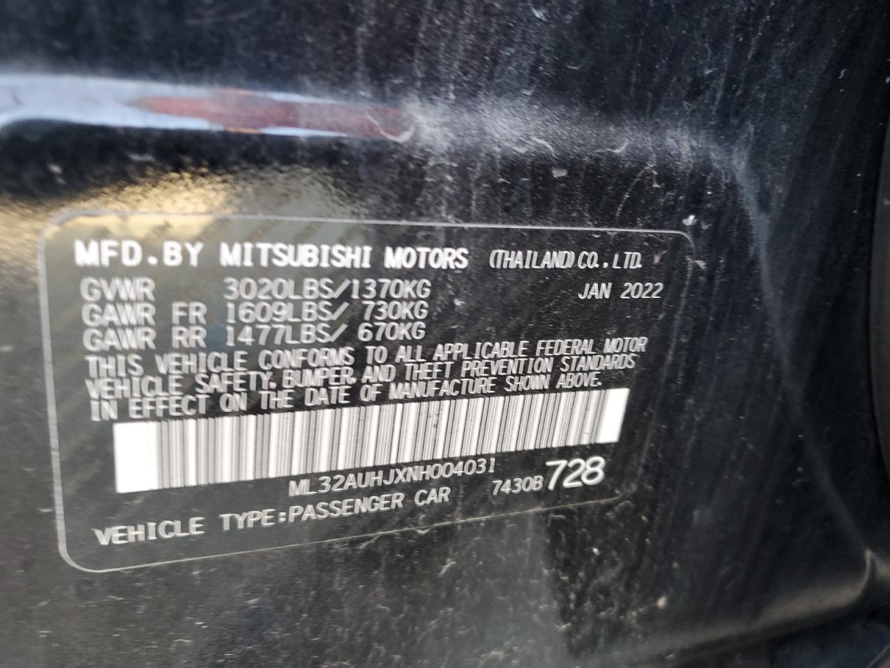2022 Mitsubishi Mirage Es VIN: ML32AUHJXNH004031 Lot: 62842015