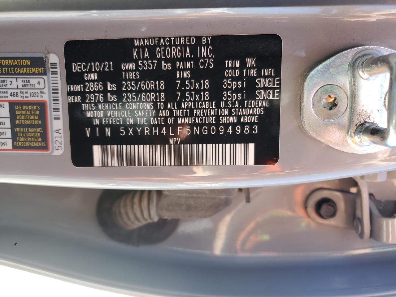 2022 Kia Sorento Ex VIN: 5XYRH4LF5NG094983 Lot: 58955315