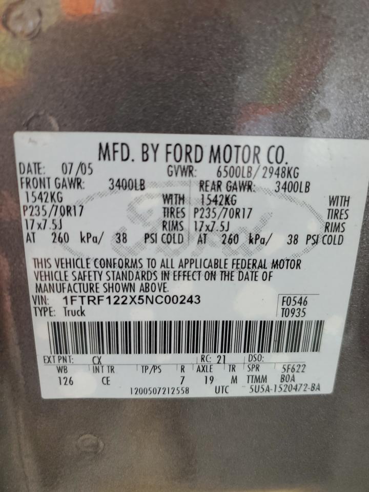 2005 Ford F150 VIN: 1FTRF122X5NC00243 Lot: 62678105