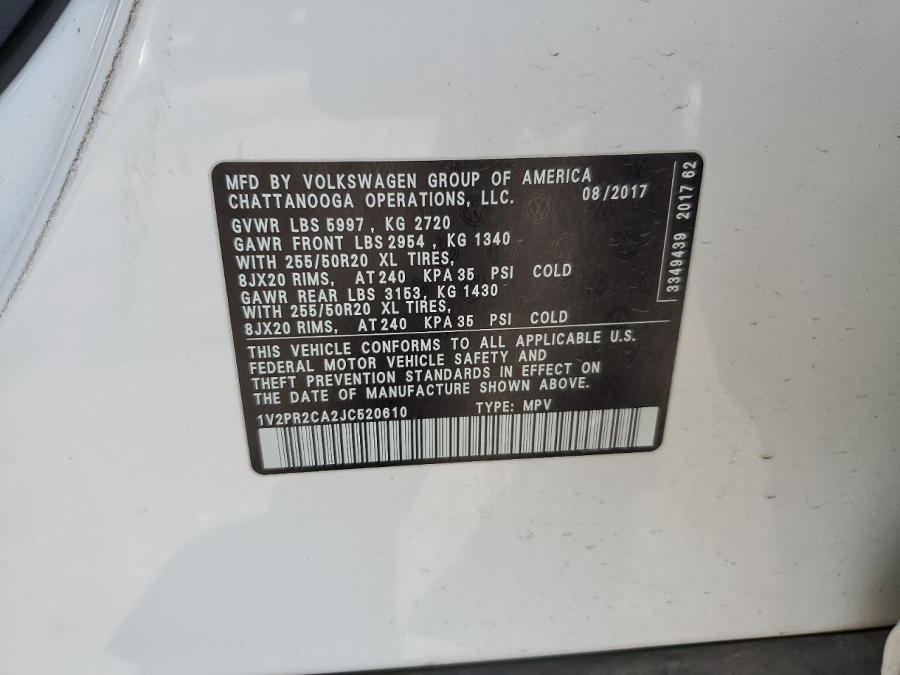 2018 Volkswagen Atlas Se VIN: 1V2PR2CA2JC520610 Lot: 62099515