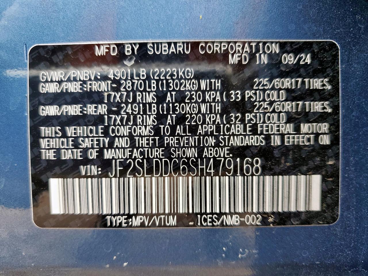 VIN: JF2SLDDC6SH479168 2025 SUBARU FORESTER