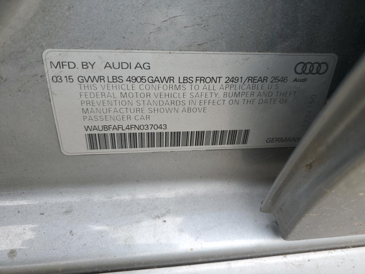2015 Audi A4 Premium VIN: WAUBFAFL4FN037043 Lot: 61226775