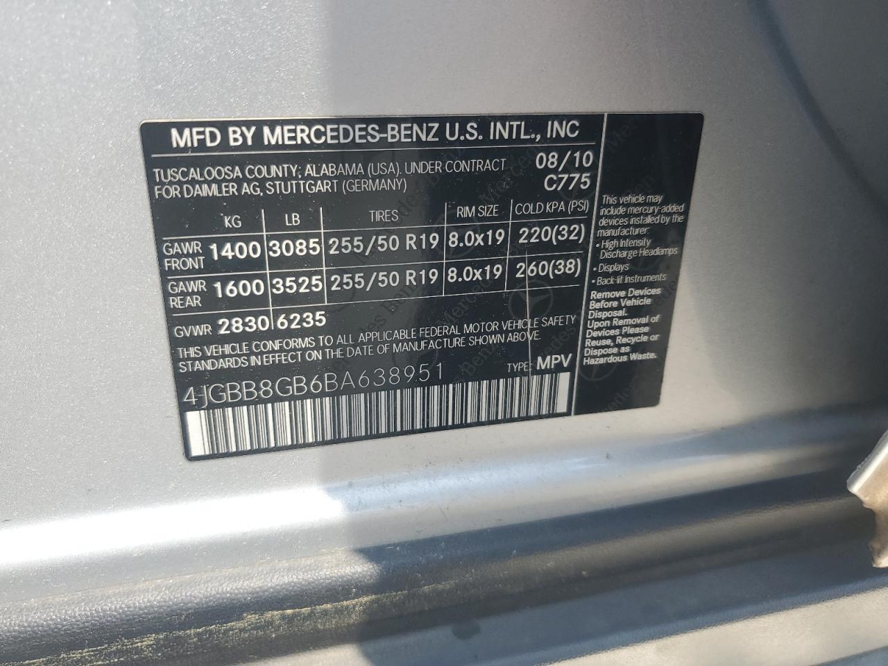 2011 Mercedes-Benz Ml 350 4Matic VIN: 4JGBB8GB6BA638951 Lot: 61994315