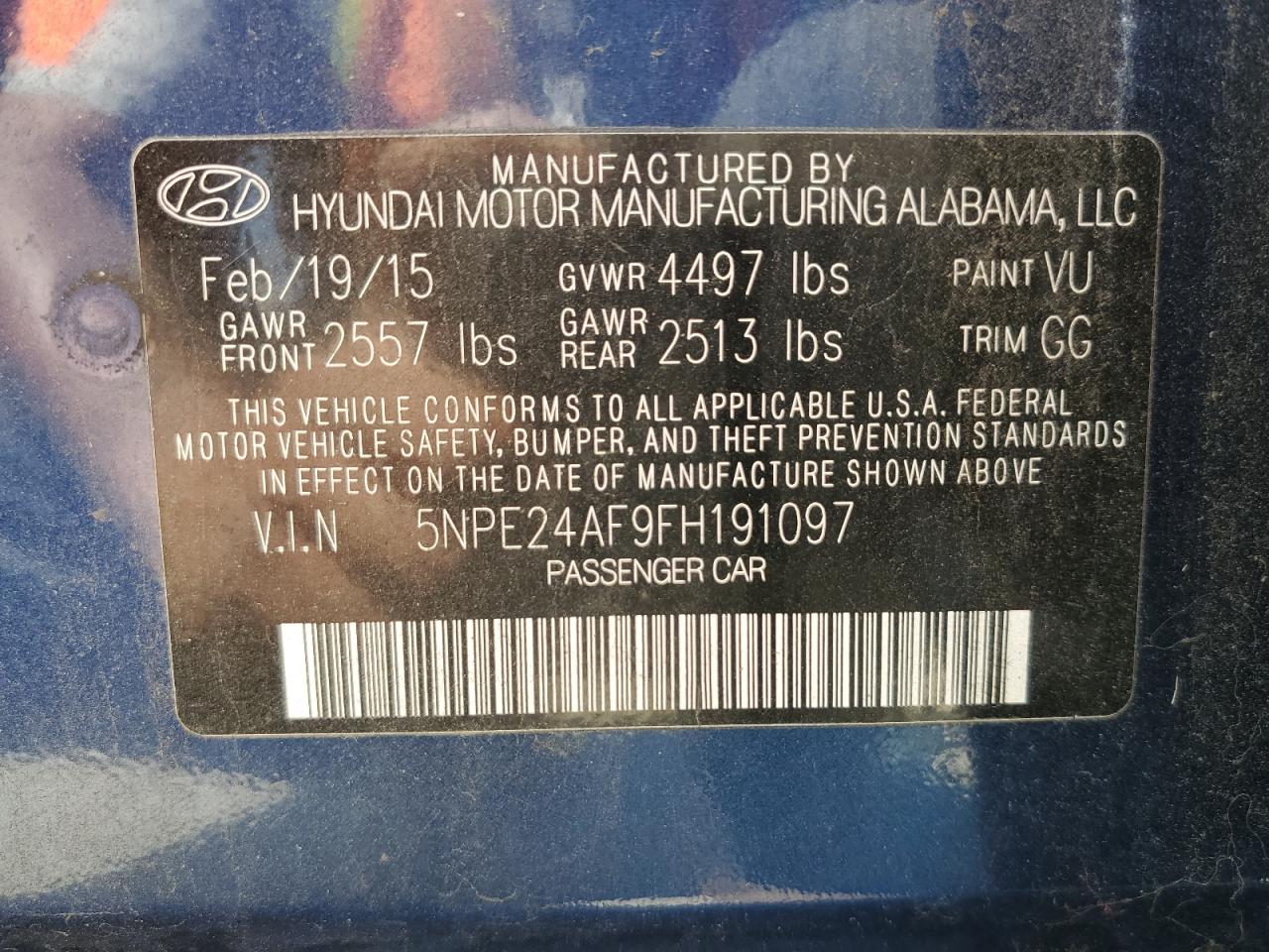 2015 Hyundai Sonata Se VIN: 5NPE24AF9FH191097 Lot: 62307935