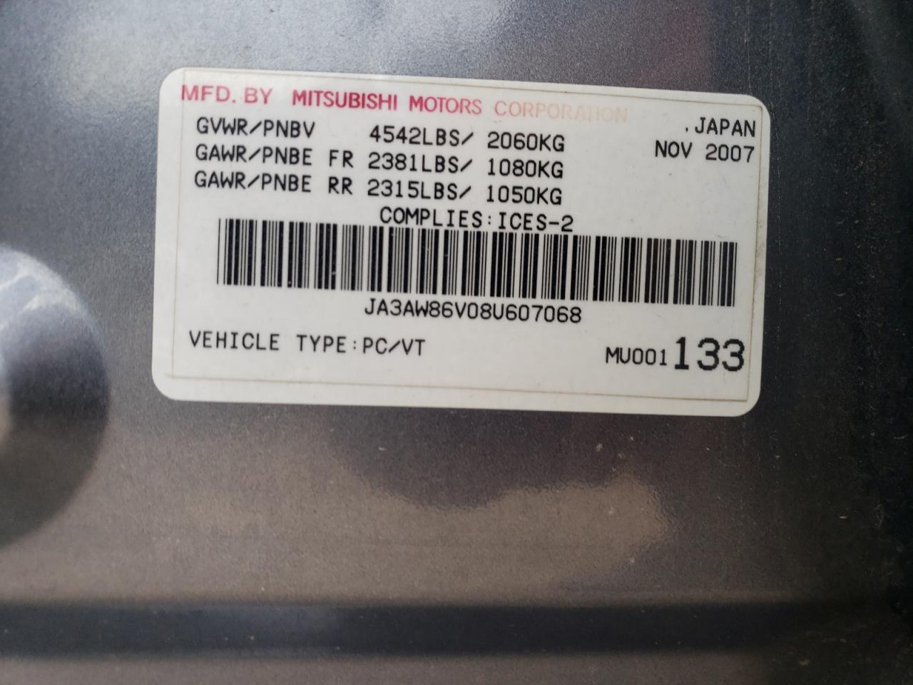 2008 Mitsubishi Lancer Evolution Gsr VIN: JA3AW86V08U607068 Lot: 62596525