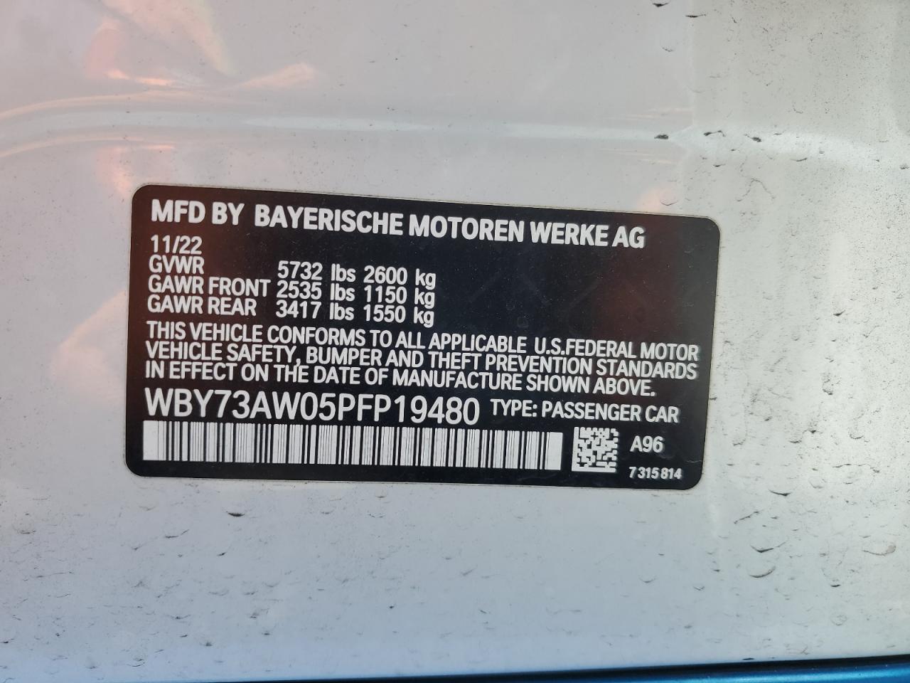 2023 BMW I4 Edrive 40 VIN: WBY73AW05PFP19480 Lot: 62170535