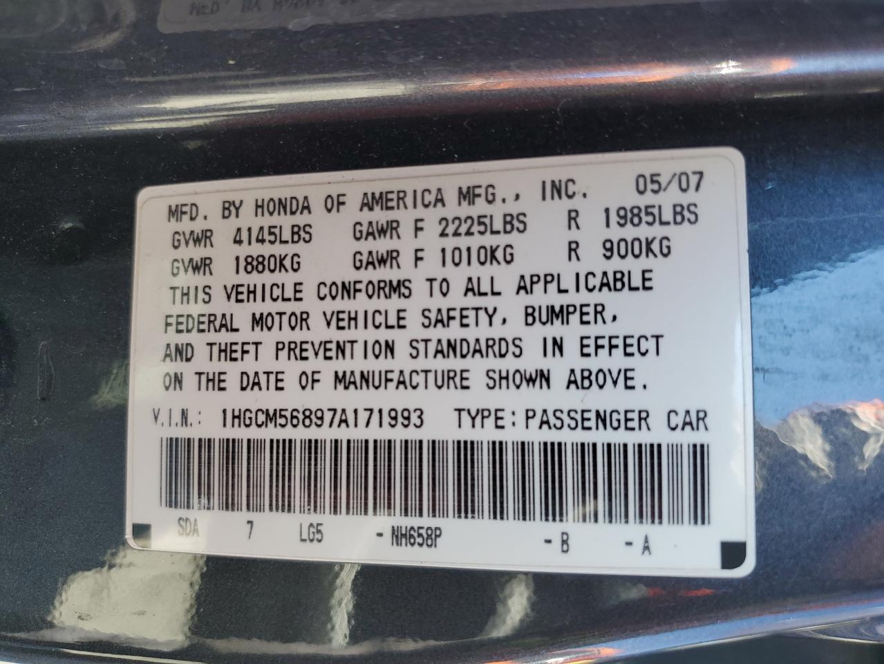 2007 Honda Accord Ex VIN: 1HGCM56897A171993 Lot: 62957605