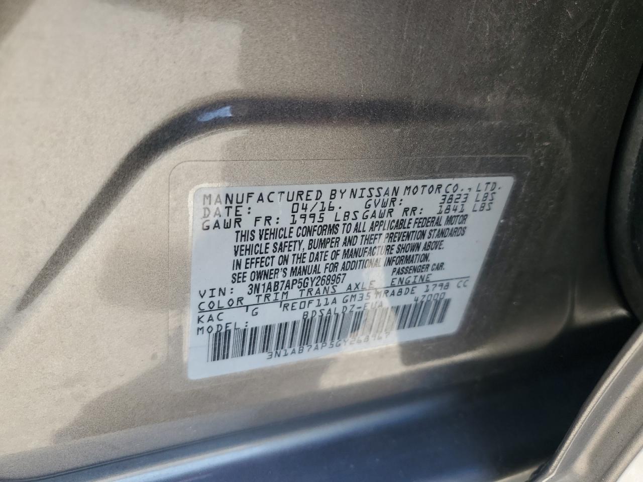 2016 Nissan Sentra S VIN: 3N1AB7AP5GY268967 Lot: 61980015