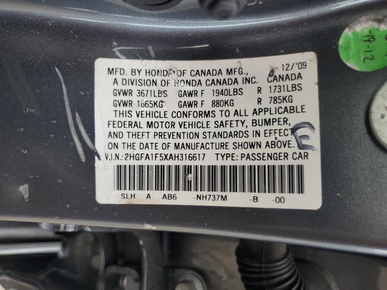 HONDA CIVIC 2010 VIN 2HGFA1F5XAH316617 photo 12
