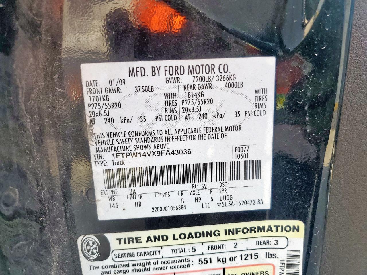 2009 Ford F150 Supercrew VIN: 1FTPW14VX9FA43036 Lot: 62297135