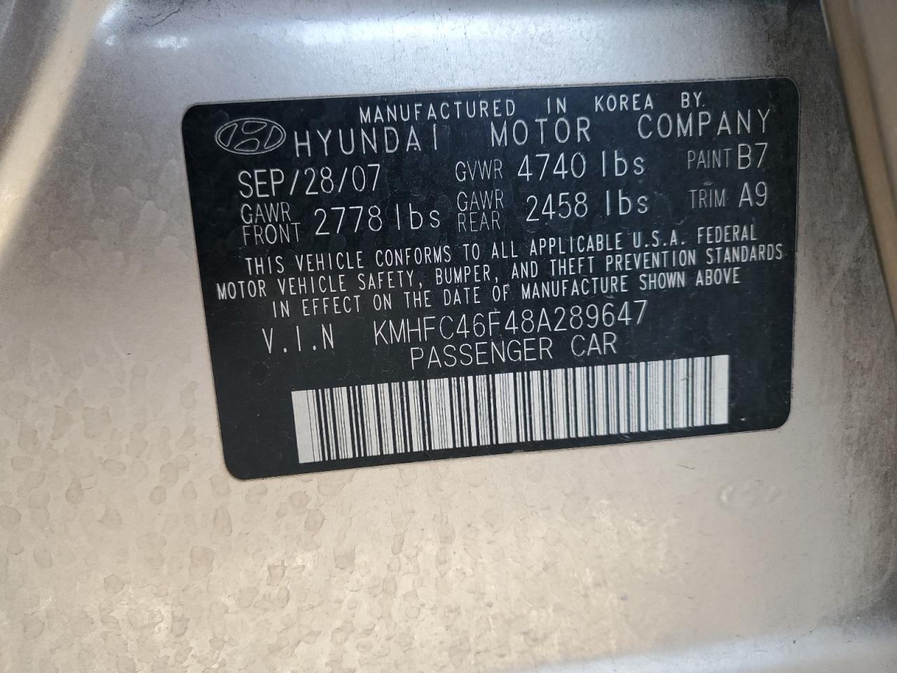 2008 Hyundai Azera Se VIN: KMHFC46F48A289647 Lot: 59970365
