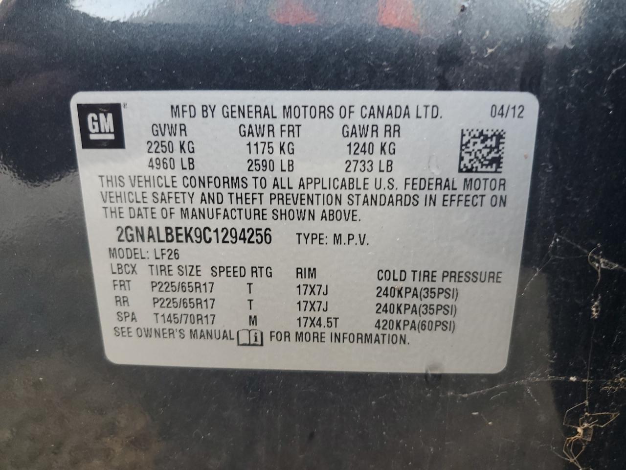 2012 Chevrolet Equinox Ls VIN: 2GNALBEK9C1294256 Lot: 60165485