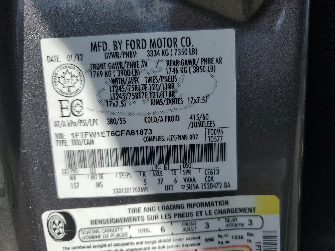 2012 Ford F150 Supercrew VIN: 1FTFW1ET6CFA61873 Lot: 62374055