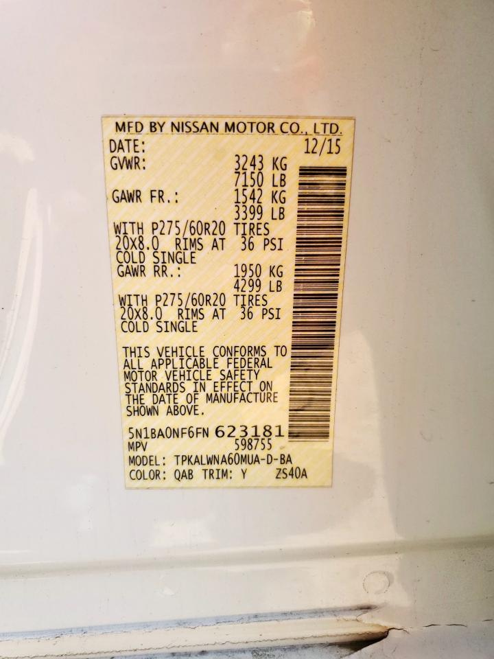 2015 Nissan Armada Platinum VIN: 5N1BA0NF6FN623181 Lot: 58508725