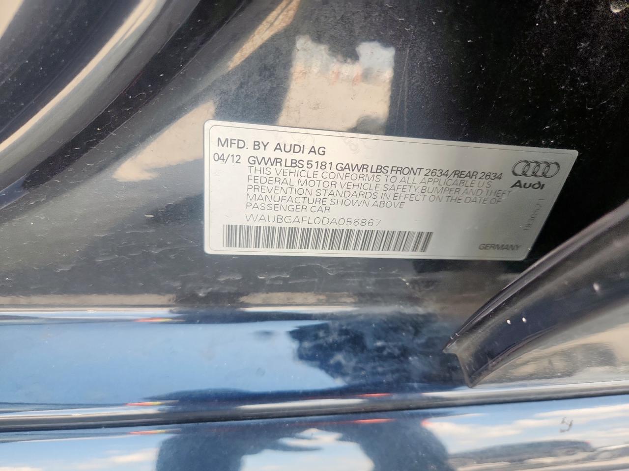 2013 Audi S4 Premium Plus VIN: WAUBGAFL0DA056867 Lot: 61077055
