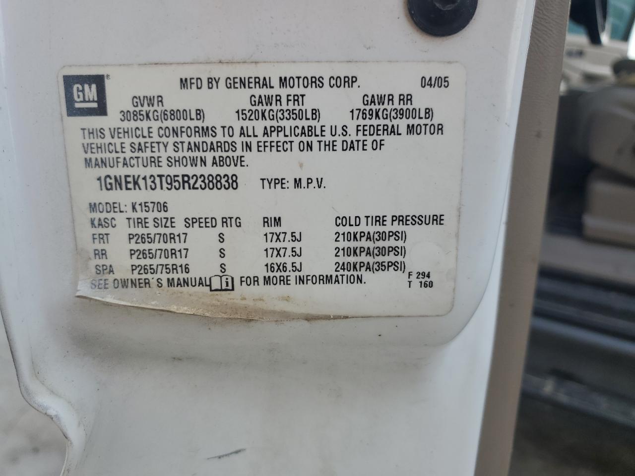 2005 Chevrolet Tahoe K1500 VIN: 1GNEK13T95R238838 Lot: 61444175