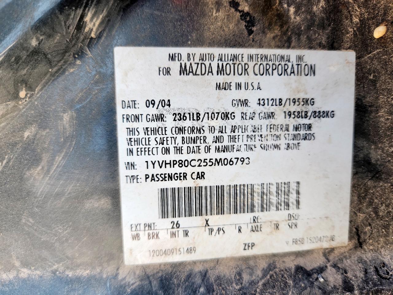 2005 Mazda 6 I VIN: 1YVHP80C255M06793 Lot: 61348045