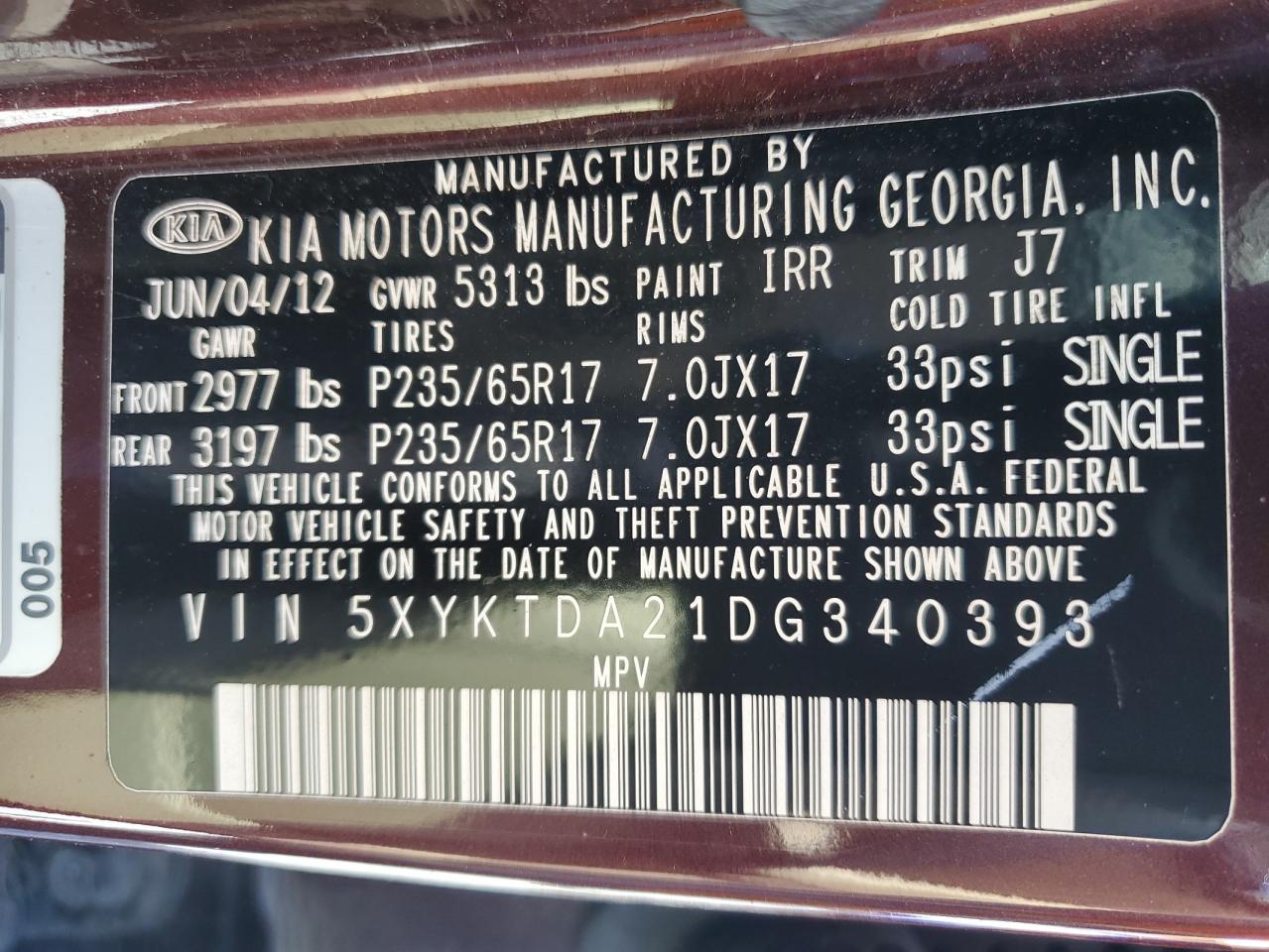 2013 Kia Sorento Lx VIN: 5XYKTDA21DG340393 Lot: 60150125
