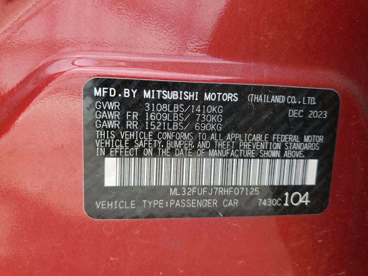 2024 Mitsubishi Mirage G4 Es VIN: ML32FUFJ7RHF07125 Lot: 62861365