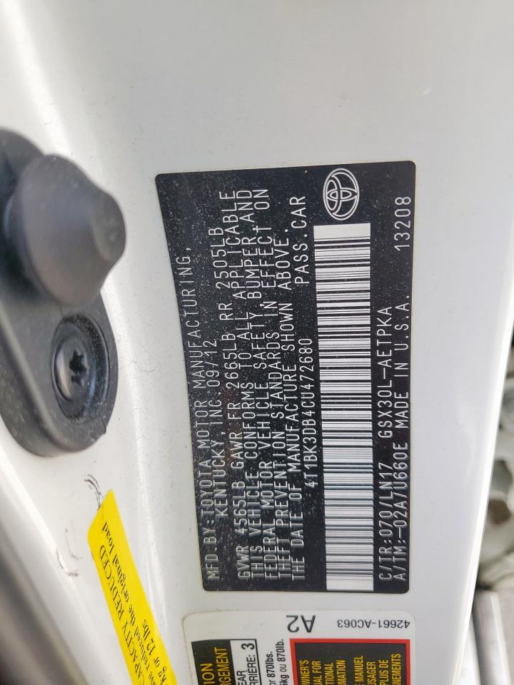2012 Toyota Avalon Base VIN: 4T1BK3DB4CU472680 Lot: 62924375